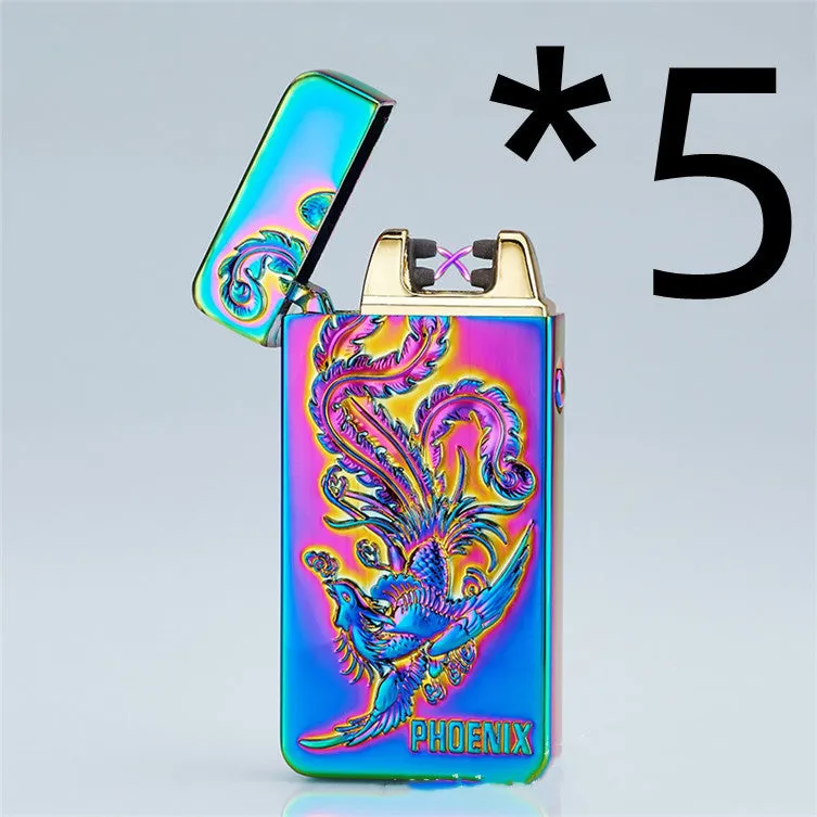 USB rechargeable metal windproof lighter with colour ice Golden Dragon design, size 73.5x35x13mm