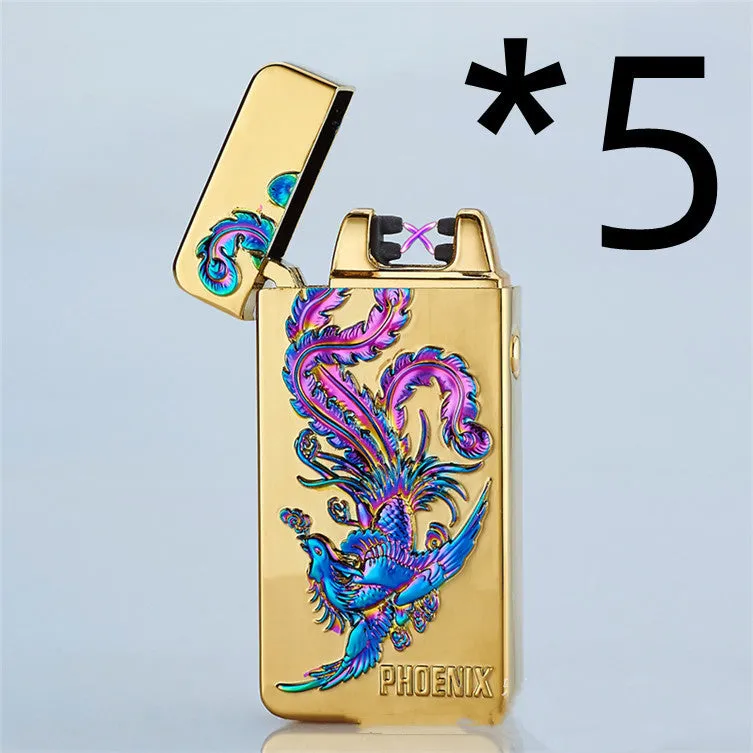 USB rechargeable metal windproof lighter with colour ice Golden Dragon design, size 73.5x35x13mm