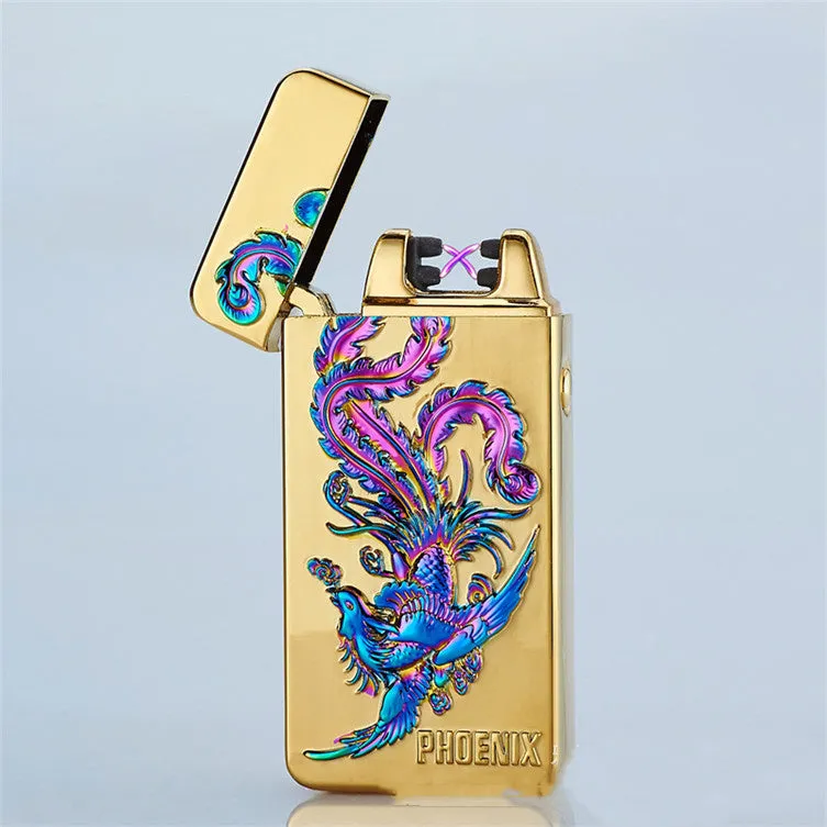 USB rechargeable metal windproof lighter with colour ice Golden Dragon design, size 73.5x35x13mm