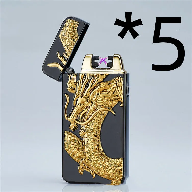 USB rechargeable metal windproof lighter with colour ice Golden Dragon design, size 73.5x35x13mm