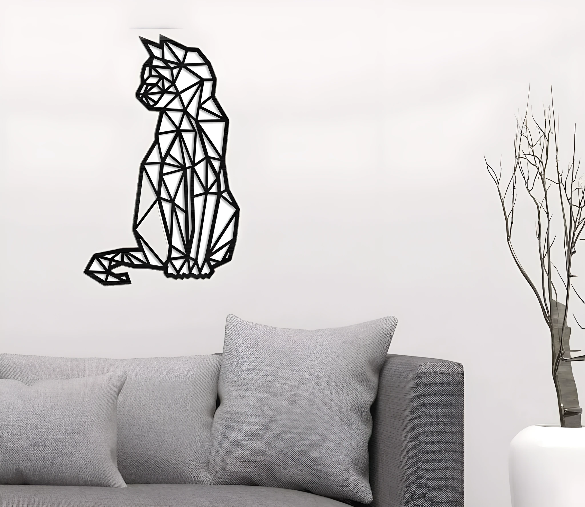 Carved metal wall art cat shape black galvanised iron 46x30 centimetre laser engraved