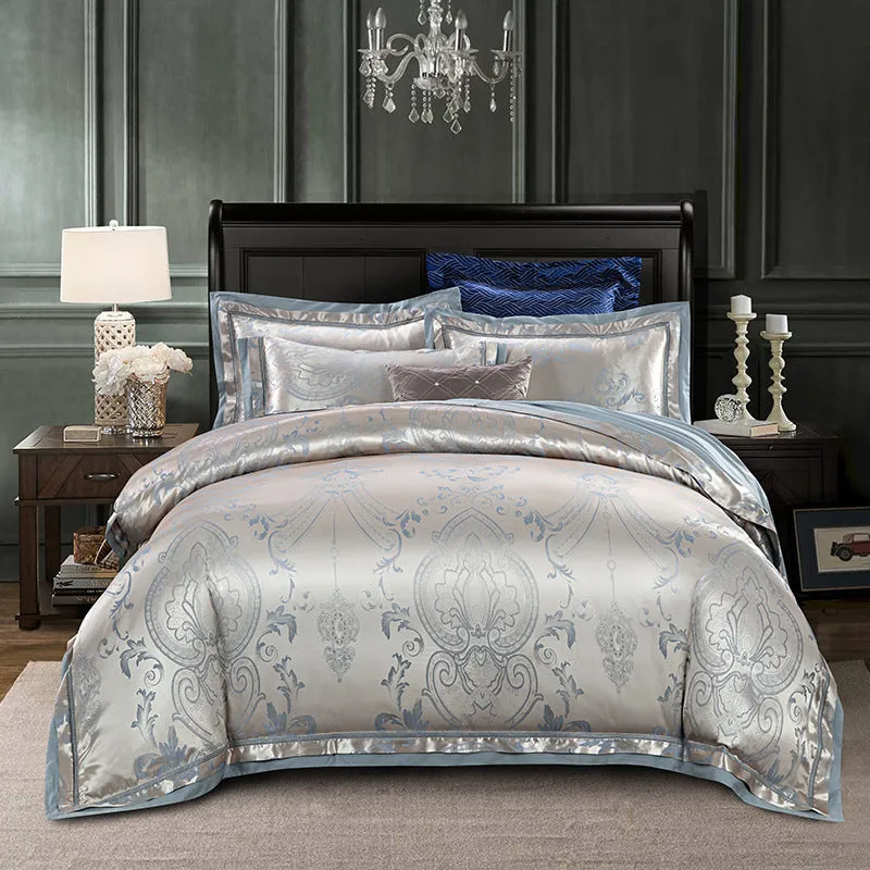 European-style pure cotton sateen jacquard 4-piece bedding set with quilt cover, sheet, and two pillowcases in white