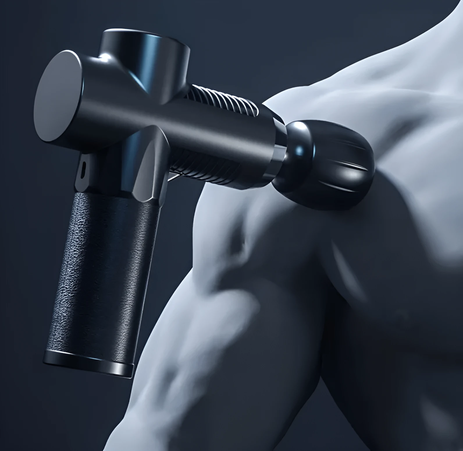 Black fascia gun with silicone head and ABS body for muscle recovery USB powered