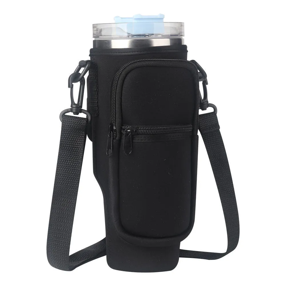 Neoprene cup sleeve for vacuum thermal straw cup in black, 23cm high, with non-slip surface