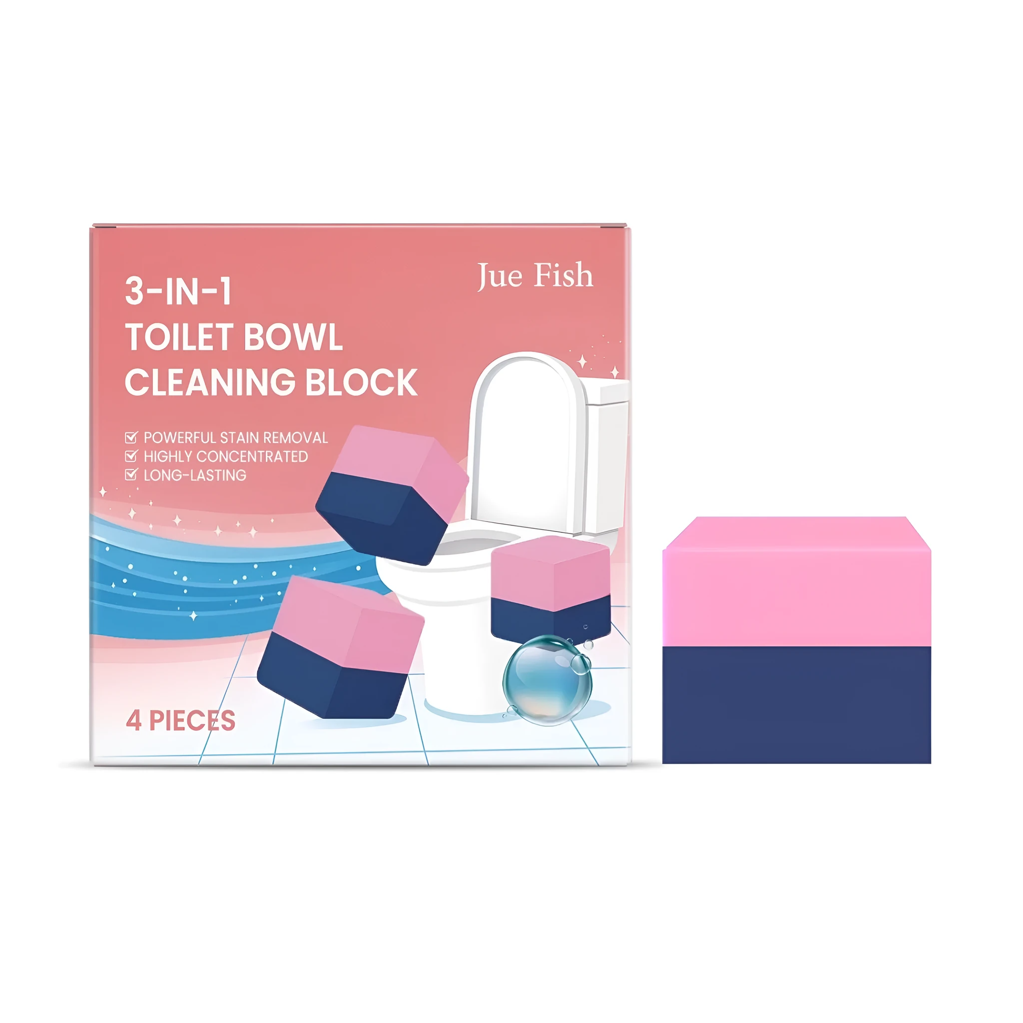 Four blue toilet cleaning blocks in packaging for cistern use with citric acid.