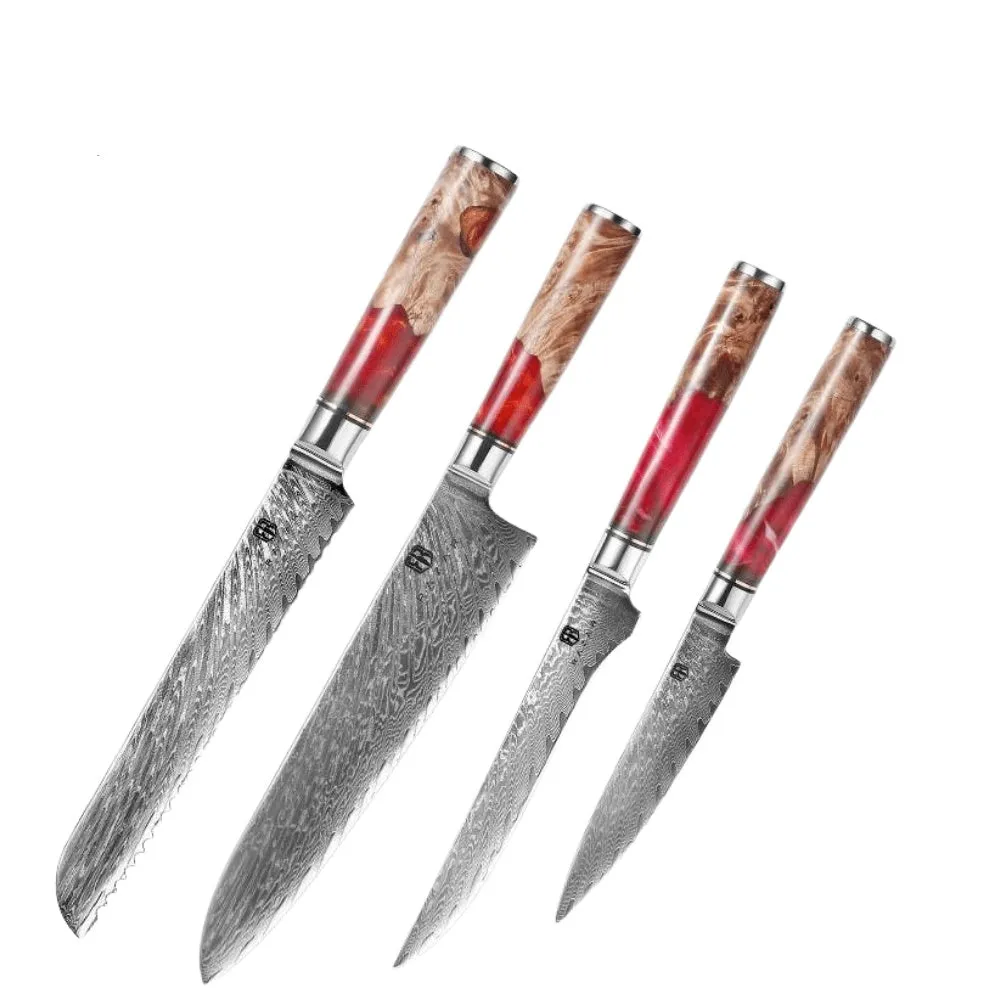 Damascus chef's knife with unique epoxy resin handle and Three German steel blade on cutting board