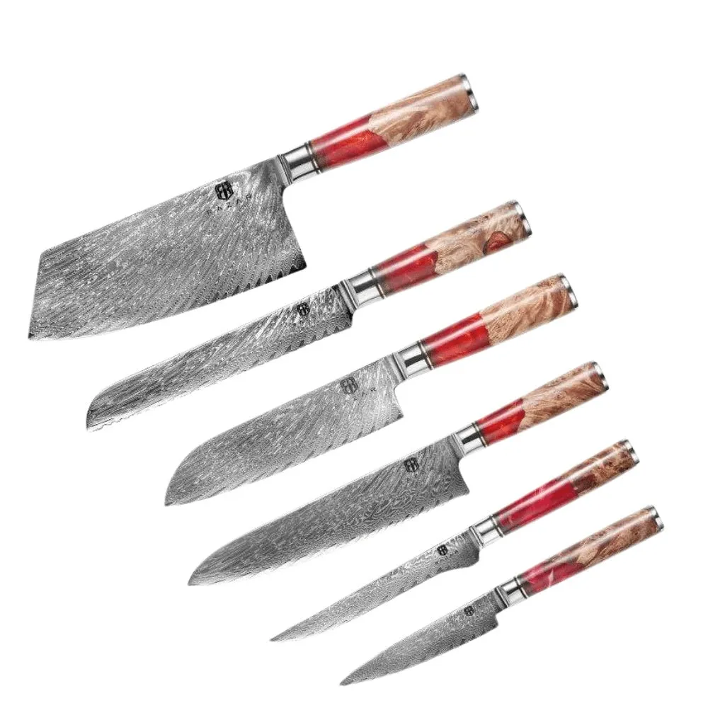 Damascus chef's knife with unique epoxy resin handle and Three German steel blade on cutting board