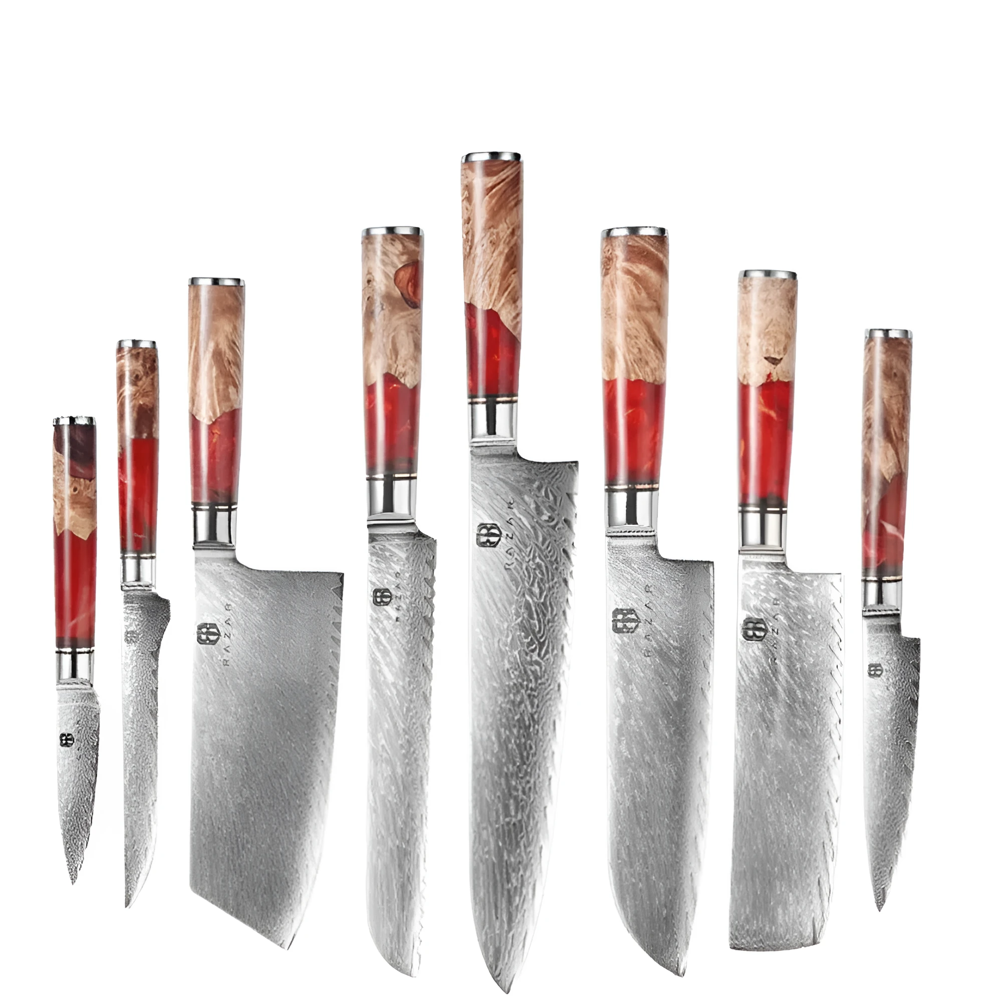 Damascus chef's knife with unique epoxy resin handle and Three German steel blade on cutting board