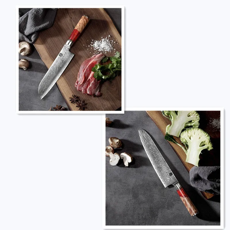 Damascus chef's knife with unique epoxy resin handle and Three German steel blade on cutting board