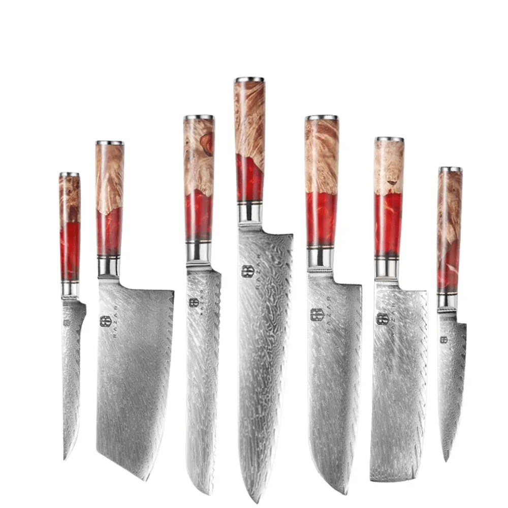 Damascus chef's knife with unique epoxy resin handle and Three German steel blade on cutting board