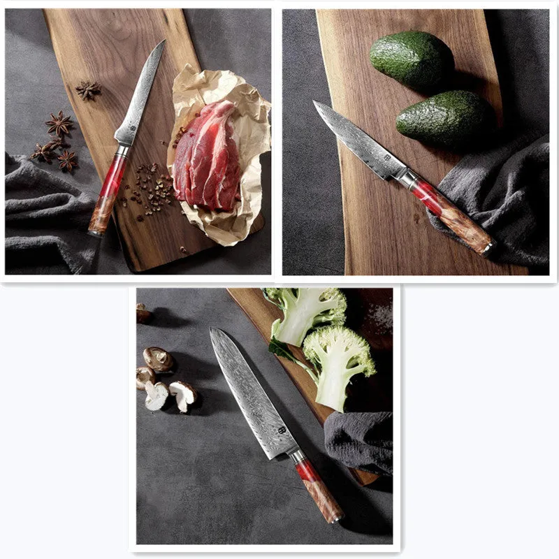 Damascus chef's knife with unique epoxy resin handle and Three German steel blade on cutting board