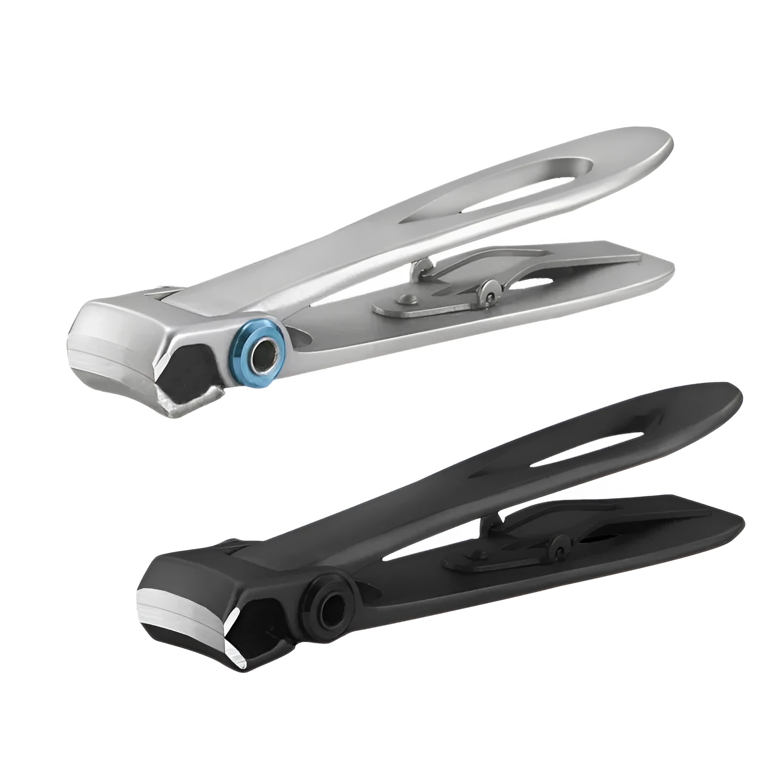 Silver stainless steel thick nail clippers with curved blades and ergonomic handle on white background