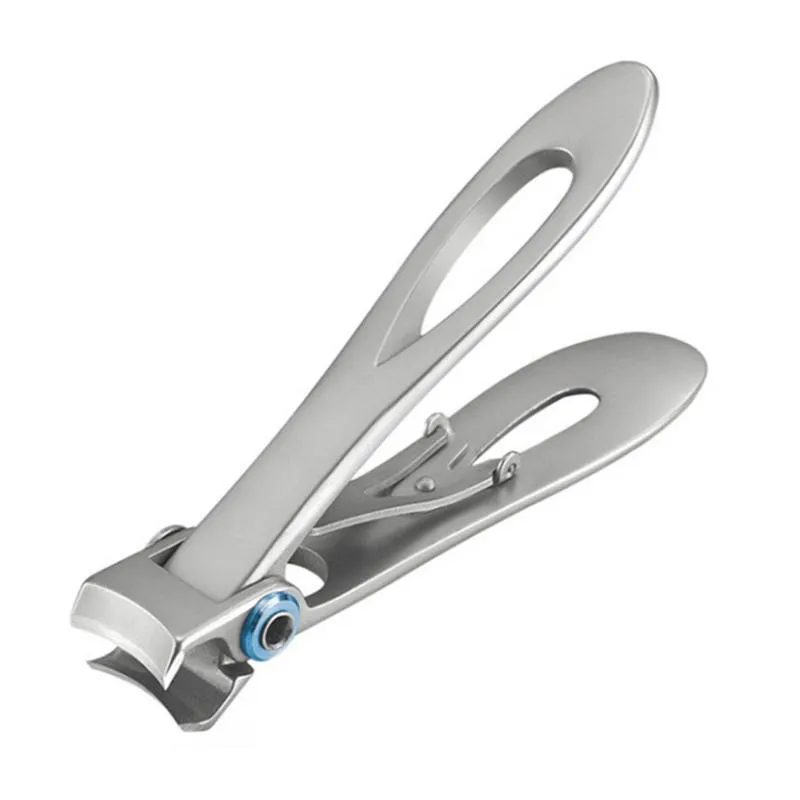 Silver stainless steel thick nail clippers with curved blades and ergonomic handle on white background