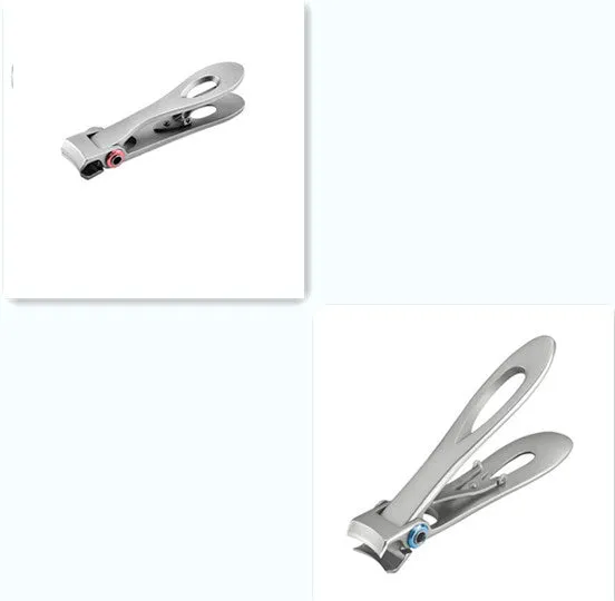Silver stainless steel thick nail clippers with curved blades and ergonomic handle on white background