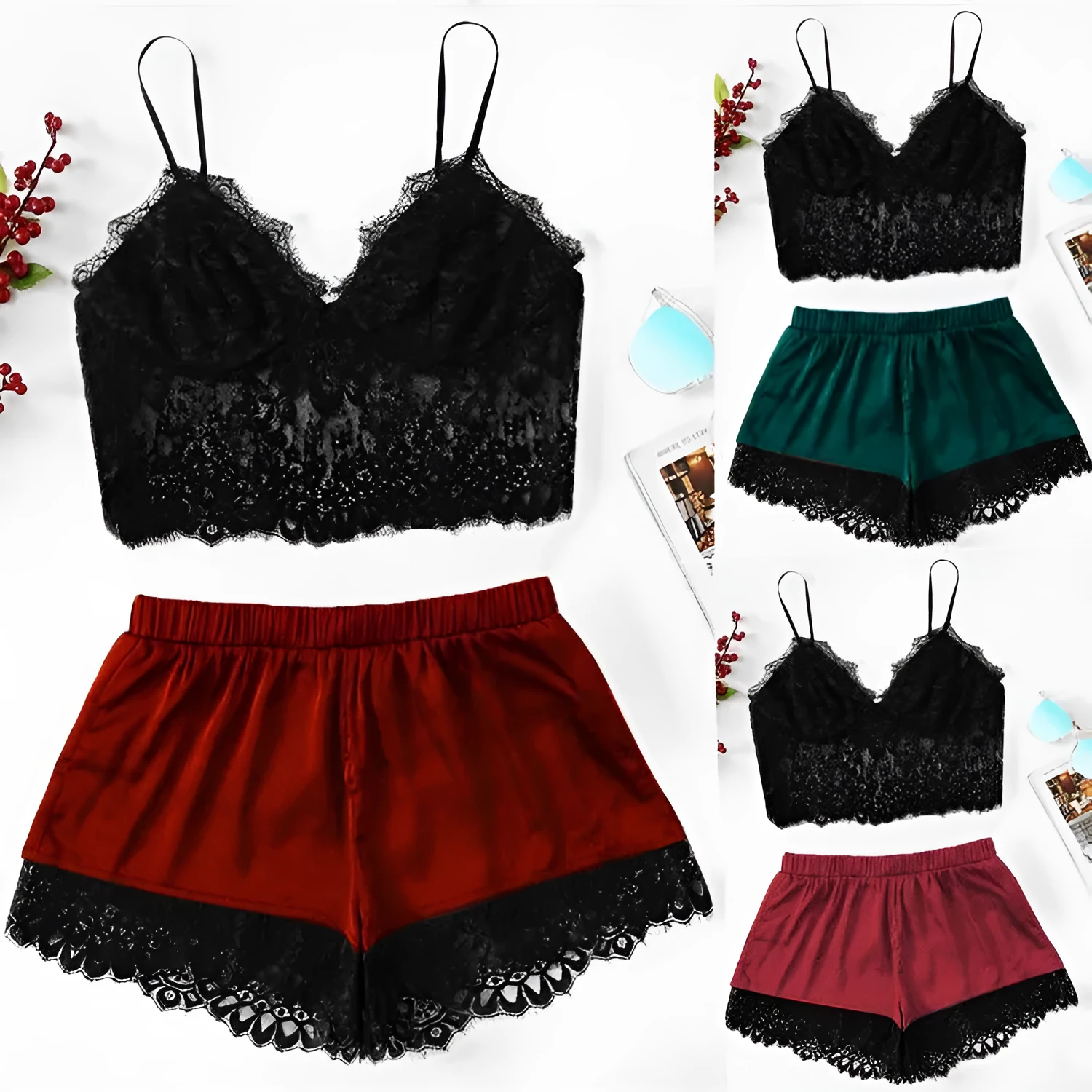 Women's split lace rabbit hair cardigan lingerie set in stripe pattern, thin section, available in multiple colours