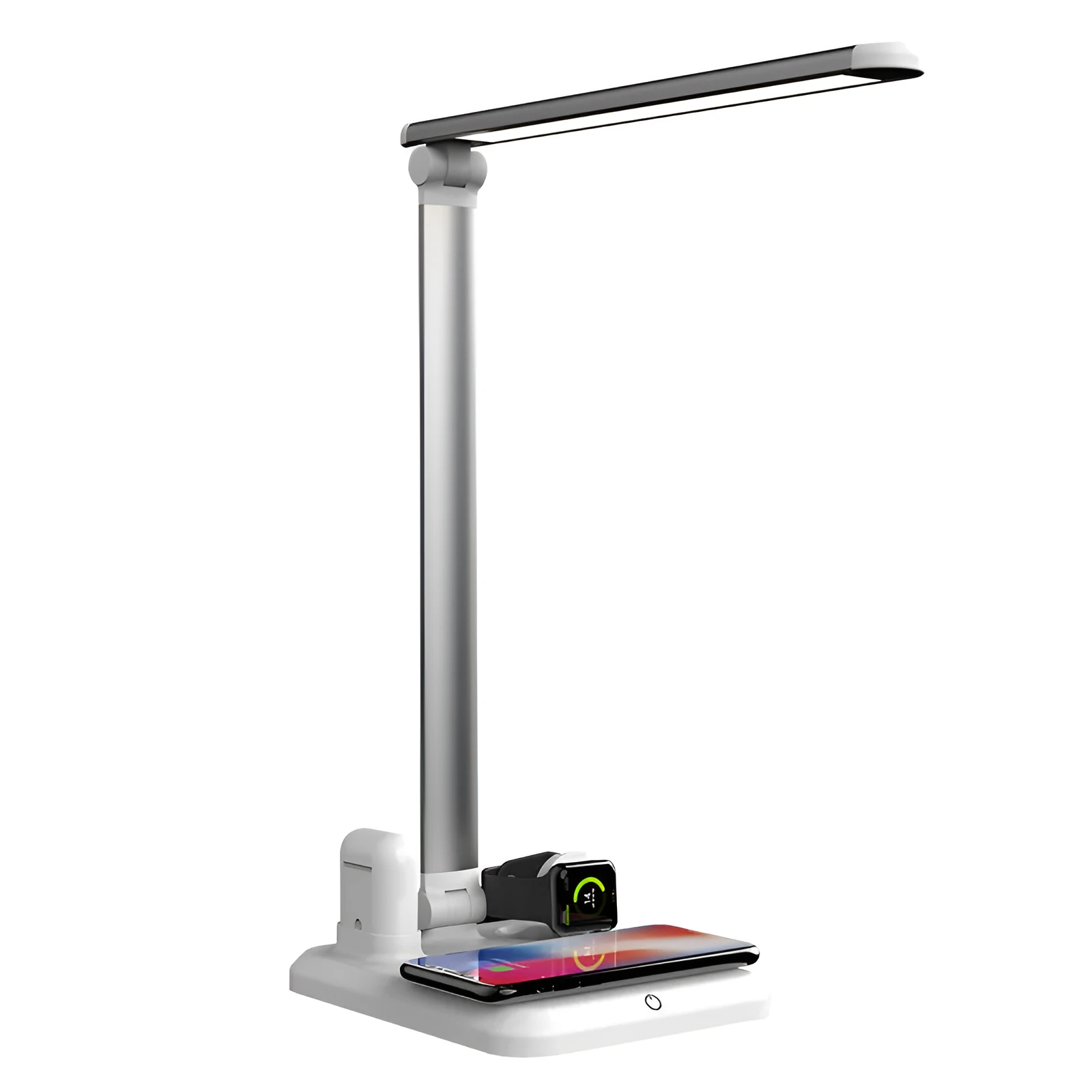 Four-in-one desk lamp with wireless charging pad in black, folded 383.5mm height, plastic shade