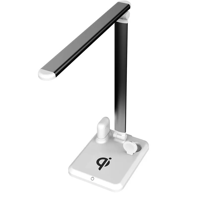 Four-in-one desk lamp with wireless charging pad in black, folded 383.5mm height, plastic shade