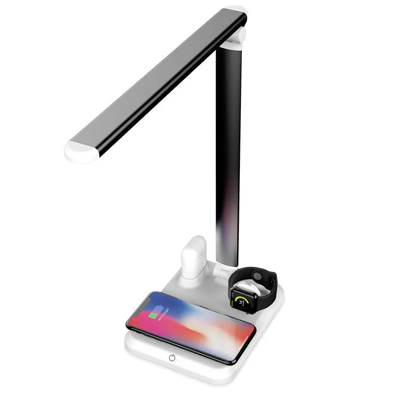 Four-in-one desk lamp with wireless charging pad in black, folded 383.5mm height, plastic shade