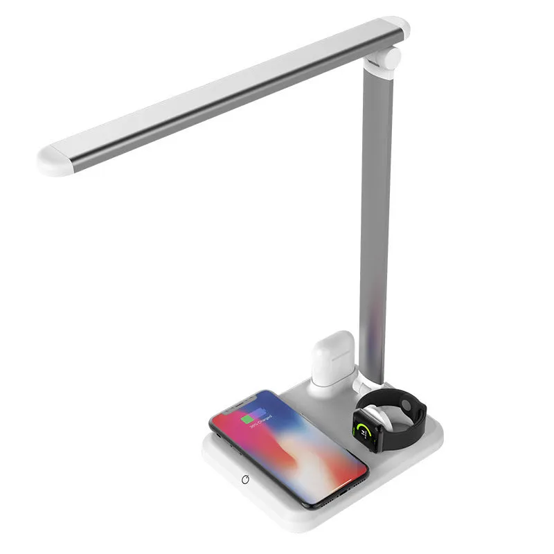 Four-in-one desk lamp with wireless charging pad in black, folded 383.5mm height, plastic shade
