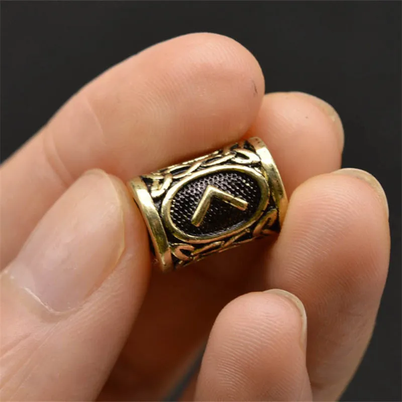 Set of 24 alloy Viking rune beard beads in antique silver, bronze, and red brass finishes, 13x10mm with 6mm inner diameter