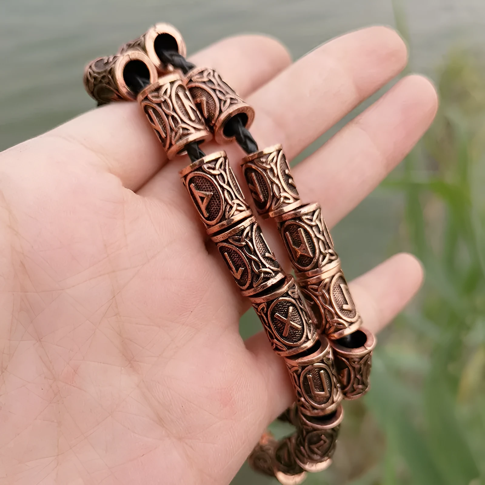 Set of 24 alloy Viking rune beard beads in antique silver, bronze, and red brass finishes, 13x10mm with 6mm inner diameter