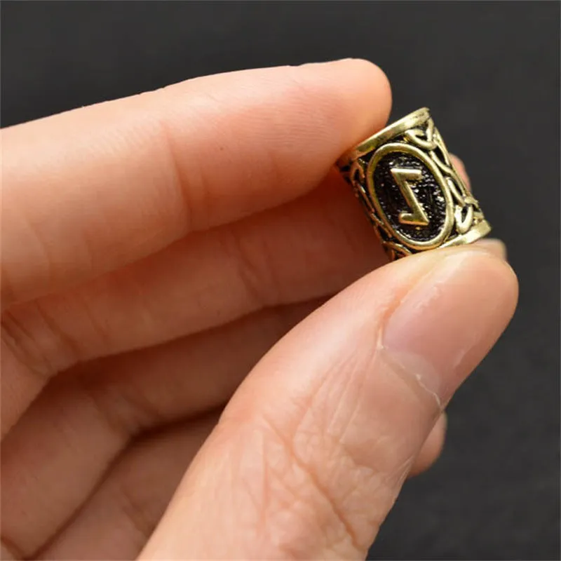 Set of 24 alloy Viking rune beard beads in antique silver, bronze, and red brass finishes, 13x10mm with 6mm inner diameter