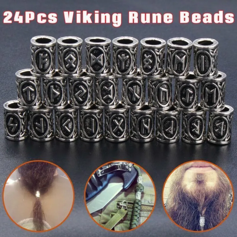 Set of 24 alloy Viking rune beard beads in antique silver, bronze, and red brass finishes, 13x10mm with 6mm inner diameter