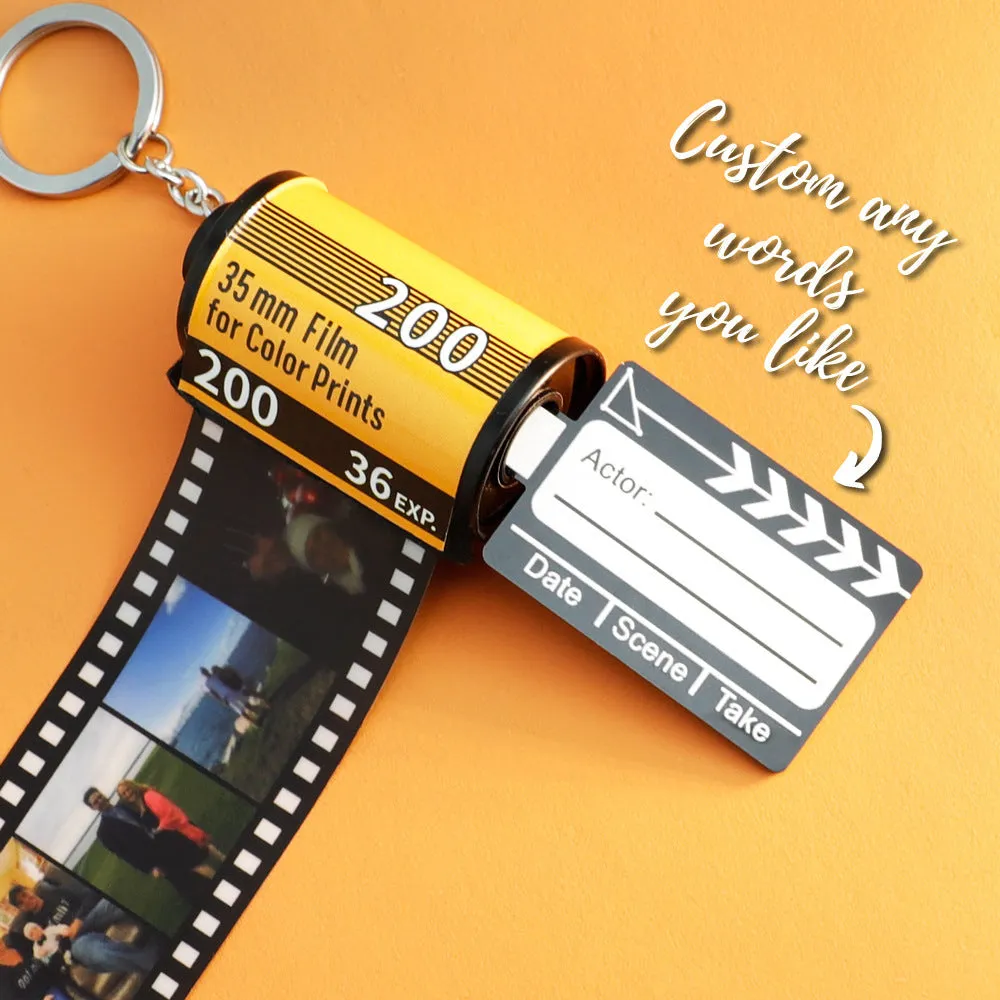 Yellow plastic custom photo keychain with film roll design featuring a personalised picture insert
