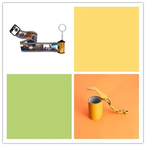 Yellow plastic custom photo keychain with film roll design featuring a personalised picture insert