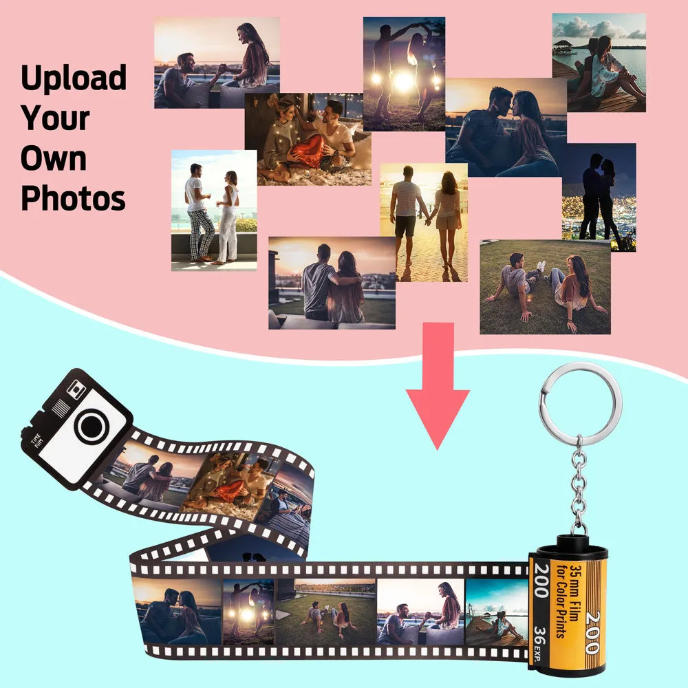 Yellow plastic custom photo keychain with film roll design featuring a personalised picture insert