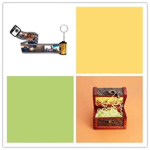 Yellow plastic custom photo keychain with film roll design featuring a personalised picture insert