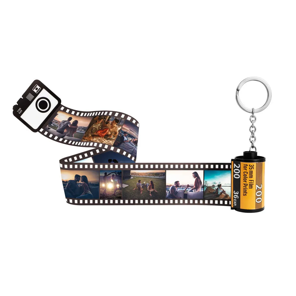 Yellow plastic custom photo keychain with film roll design featuring a personalised picture insert