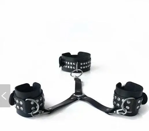 Black leather backhand neckcuffs for BDSM and adult flirting play