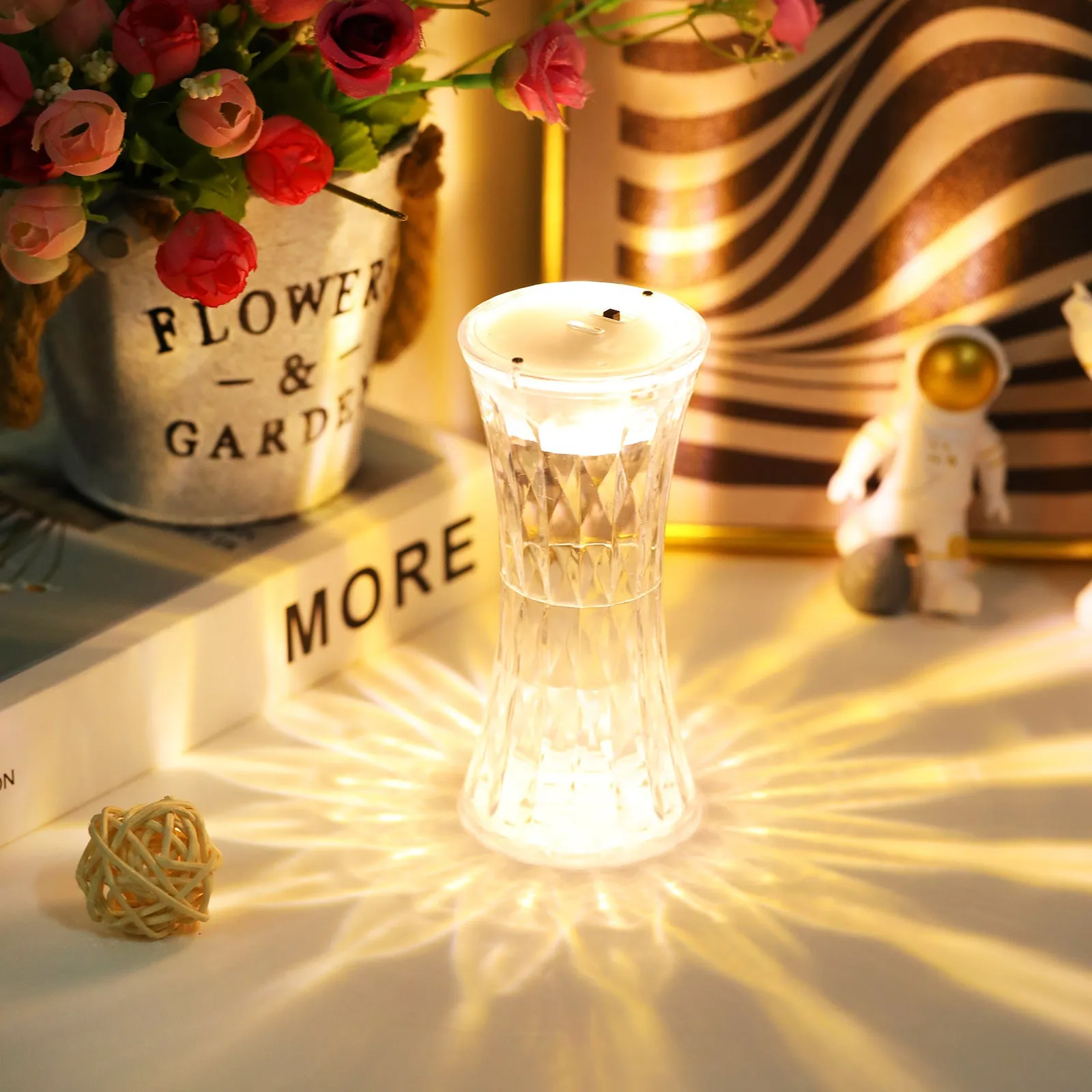 Clear acrylic crystal rose petal table lamp with warm white LED light, 12.2cm size