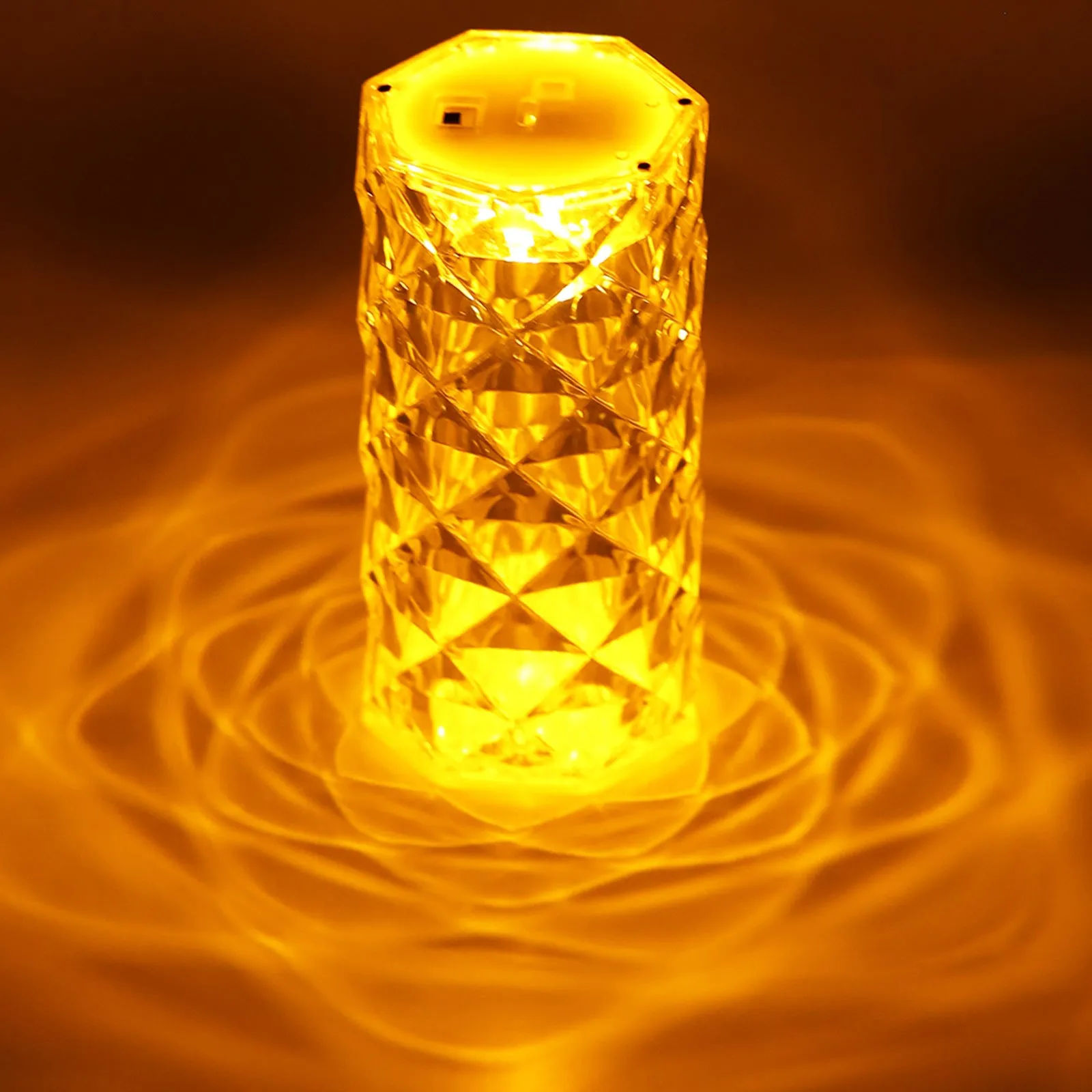 Clear acrylic crystal rose petal table lamp with warm white LED light, 12.2cm size