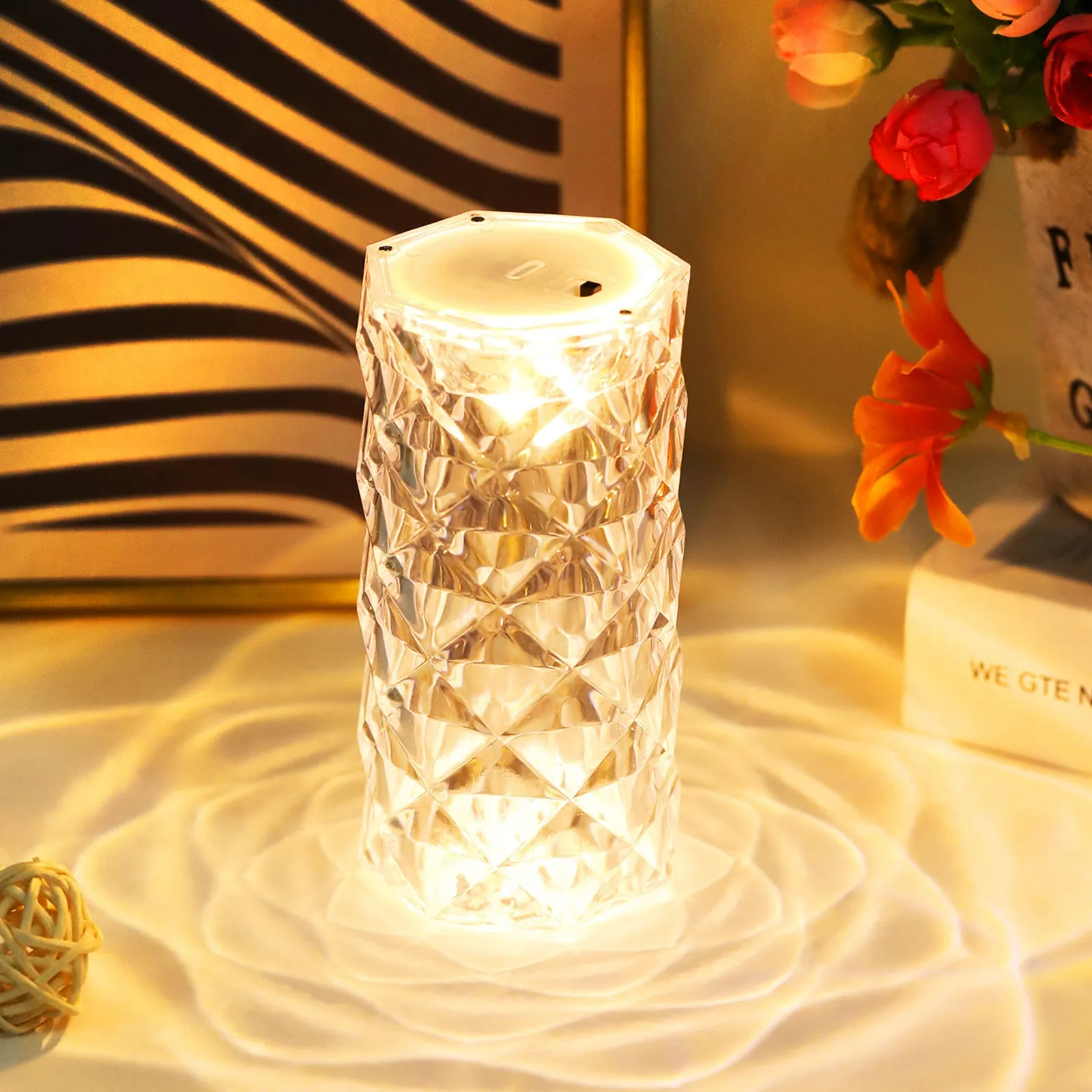 Clear acrylic crystal rose petal table lamp with warm white LED light, 12.2cm size