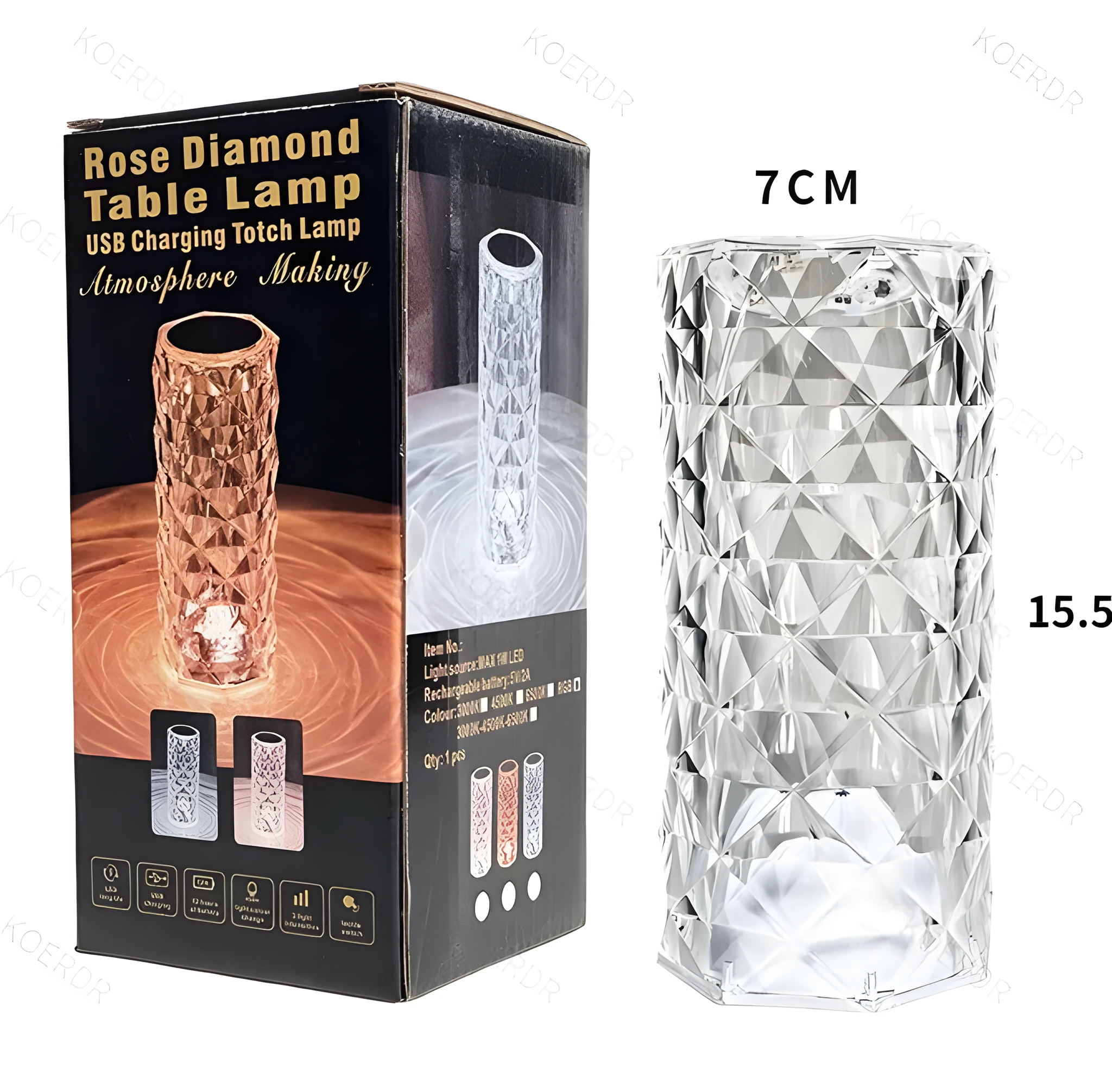 Clear acrylic crystal rose petal table lamp with warm white LED light, 12.2cm size