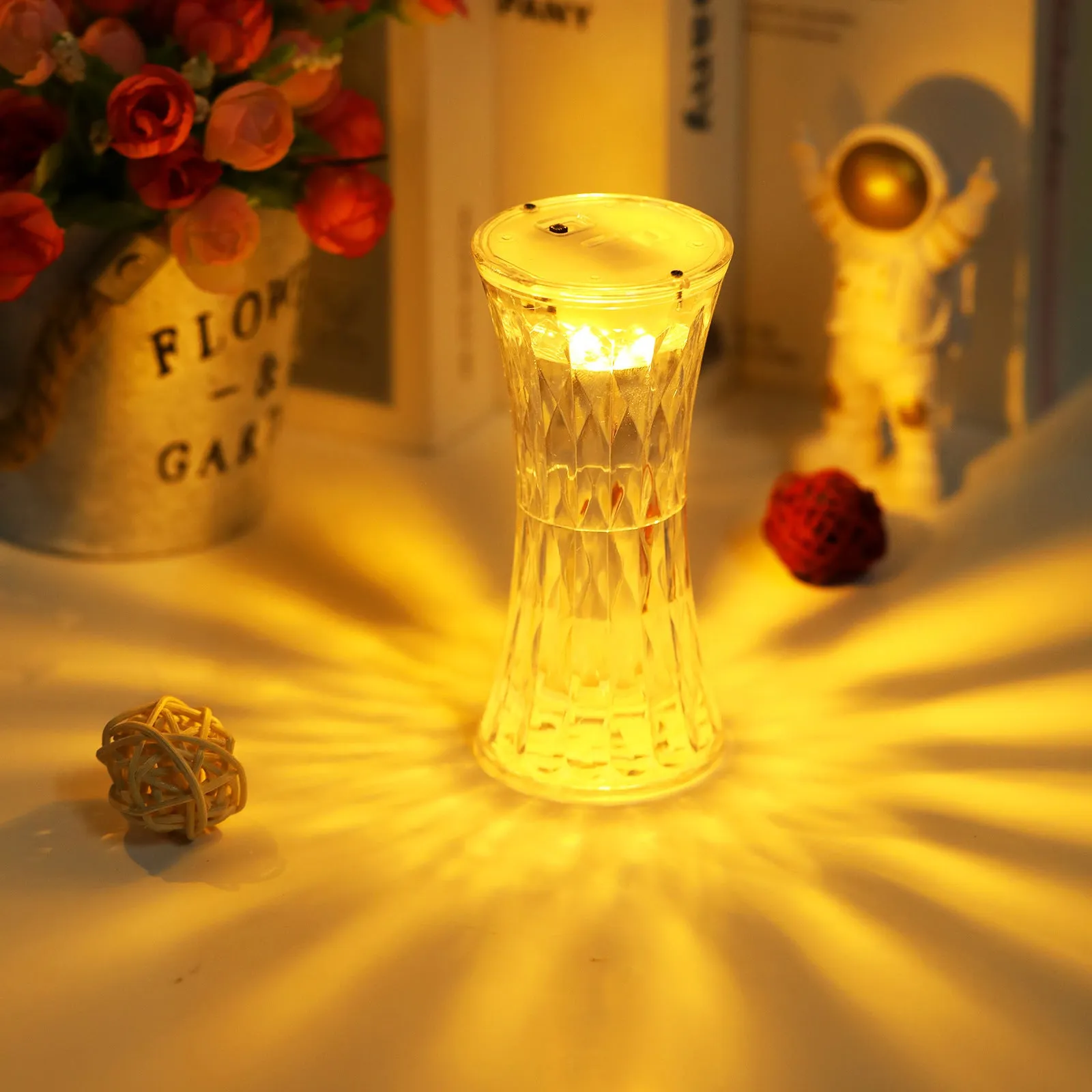 Clear acrylic crystal rose petal table lamp with warm white LED light, 12.2cm size