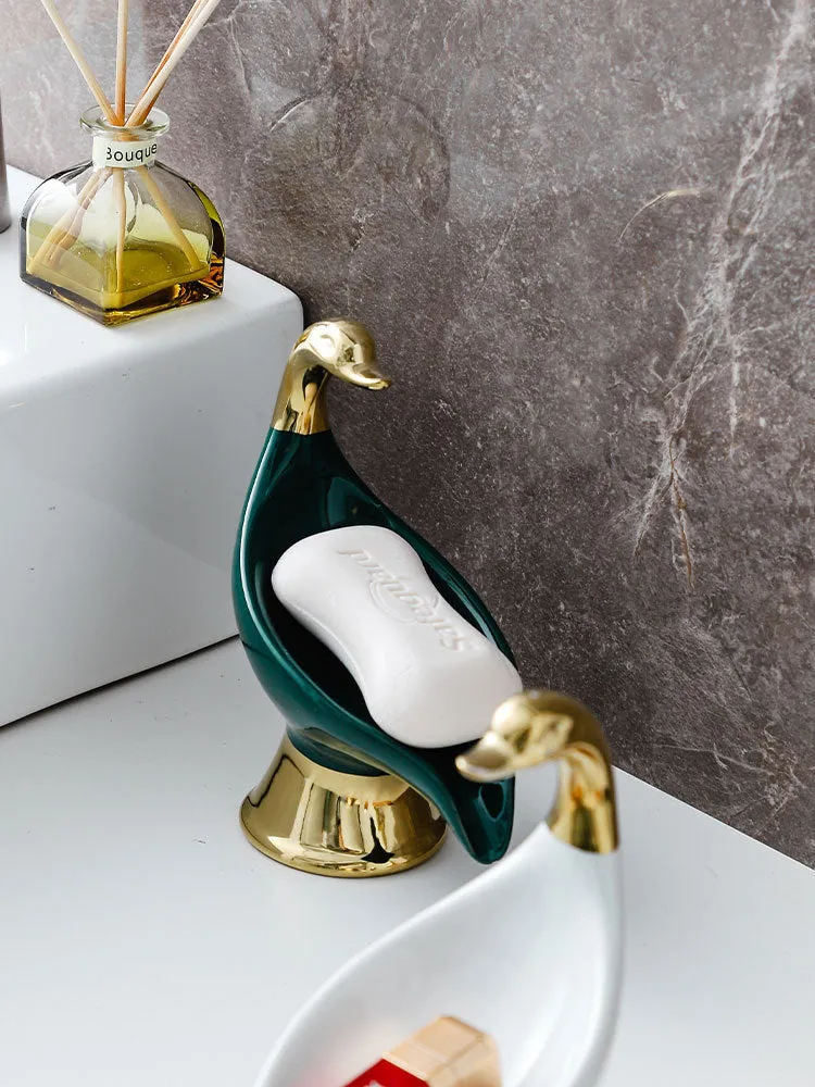 Creative ceramic swan soap dish with lid in white colour for bathroom countertop