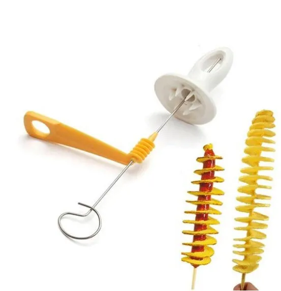 Potato cutter slicer with stainless steel blade and ABS resin handle, 11x4cm, cutting a potato into chips