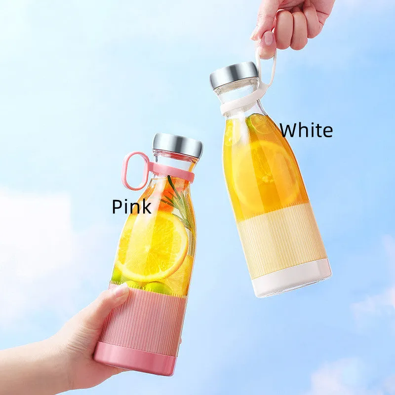 Portable USB charging juice cup in Aquarius Juicer Pink with four cutter heads and PC edible grade plastic inner liner