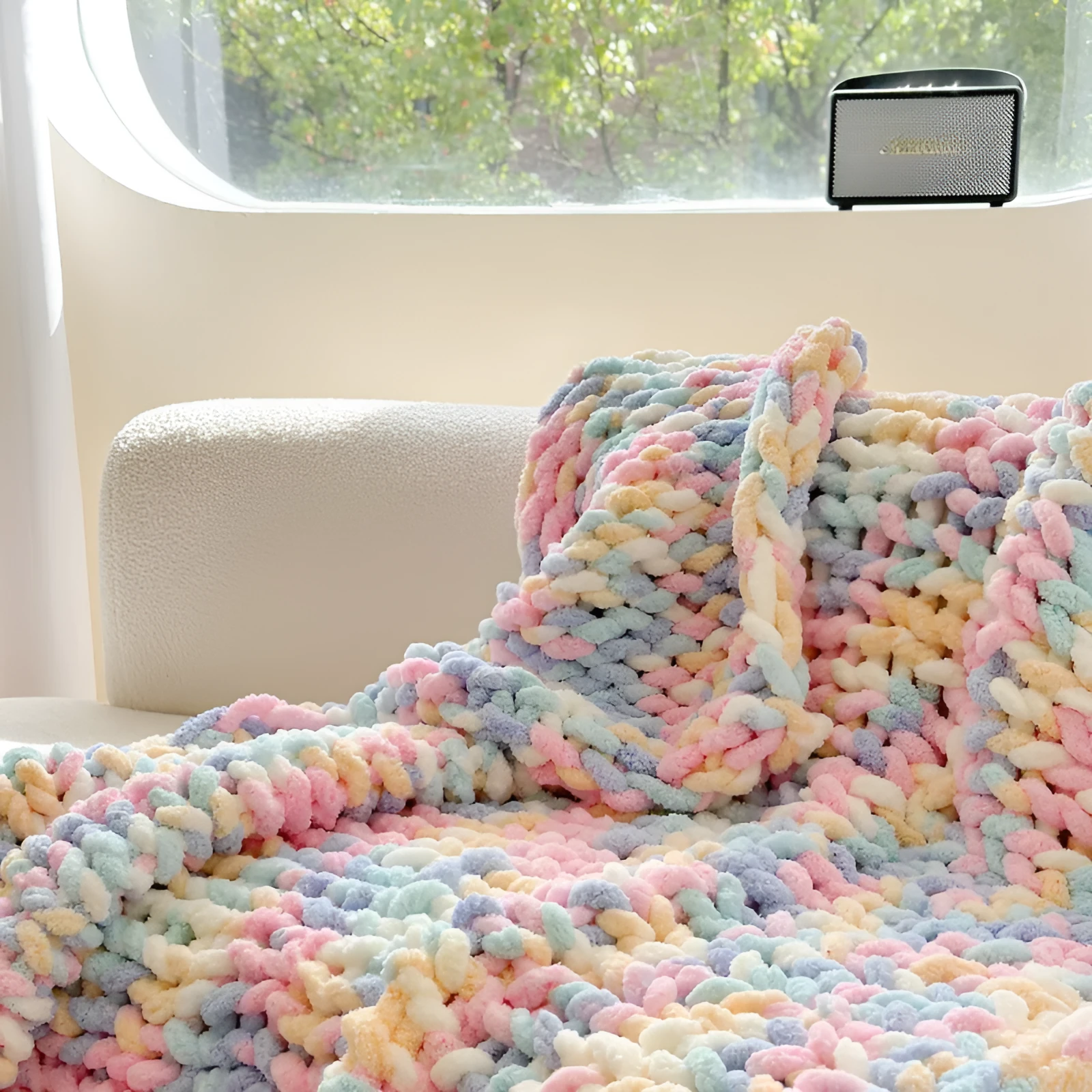 Chenille striped cover blanket with thick ice bar pattern in caramel mango colour