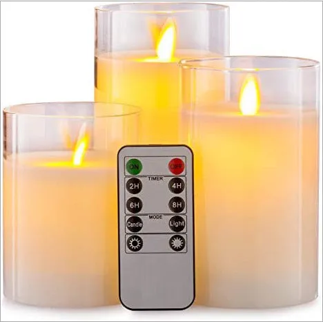 LED electronic remote control candle in cylindrical glass plating with warm yellow swinging flame