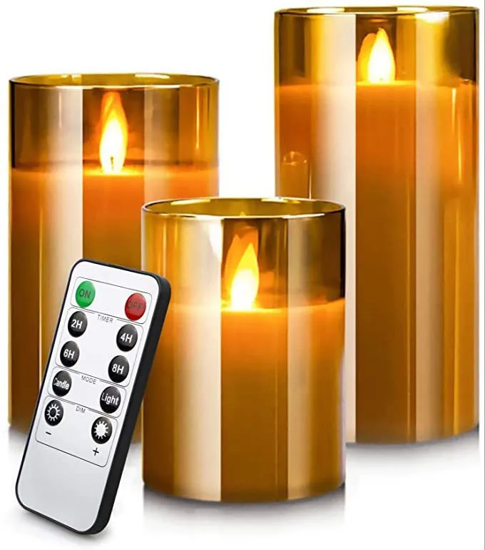 LED electronic remote control candle in cylindrical glass plating with warm yellow swinging flame