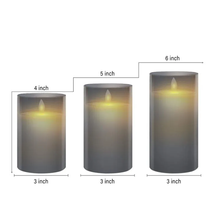 LED electronic remote control candle in cylindrical glass plating with warm yellow swinging flame