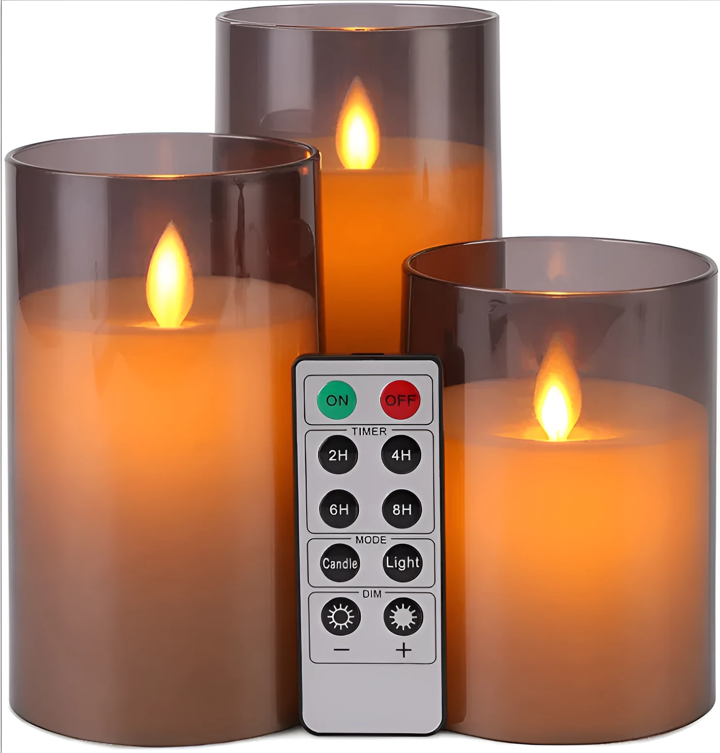 LED electronic remote control candle in cylindrical glass plating with warm yellow swinging flame