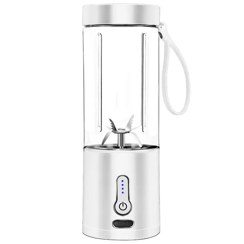 Black rechargeable portable juicer with USB charging port, 530ml capacity, and PC food grade plastic liner