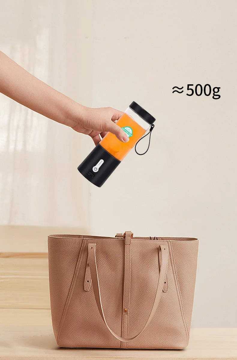 Black rechargeable portable juicer with USB charging port, 530ml capacity, and PC food grade plastic liner