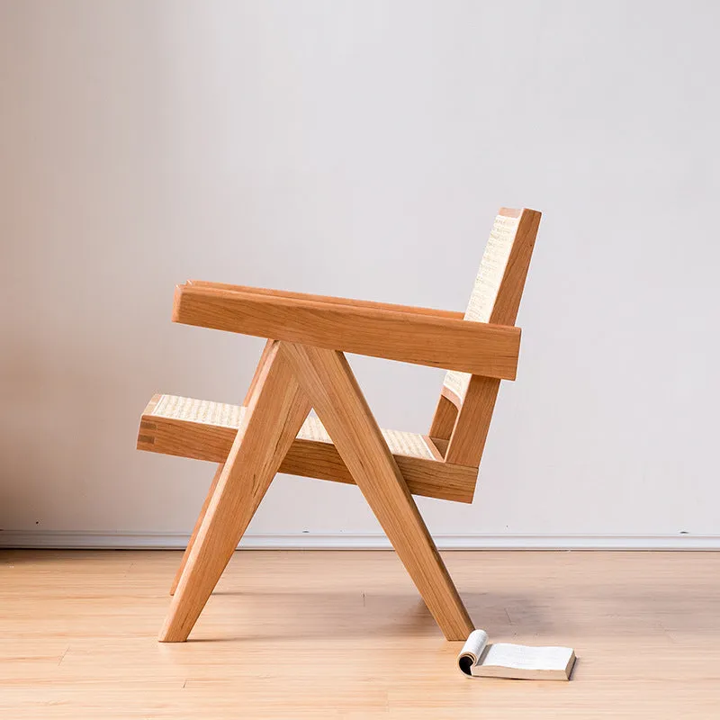 Mid-ancient solid wood rattan leisure chair in cherrywood natural colour, 57x74x70cm, for living room or balcony