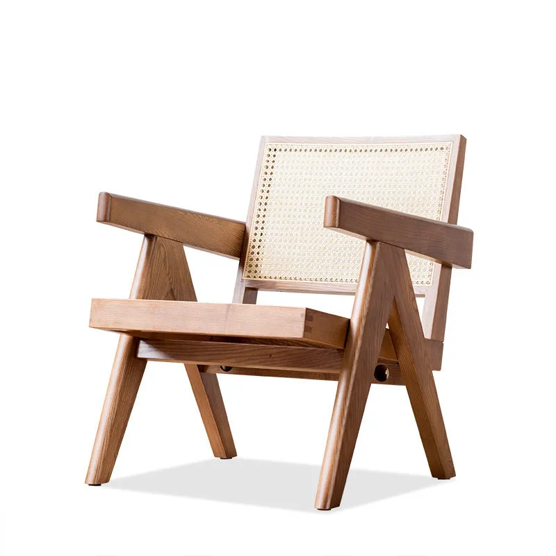 Mid-ancient solid wood rattan leisure chair in cherrywood natural colour, 57x74x70cm, for living room or balcony